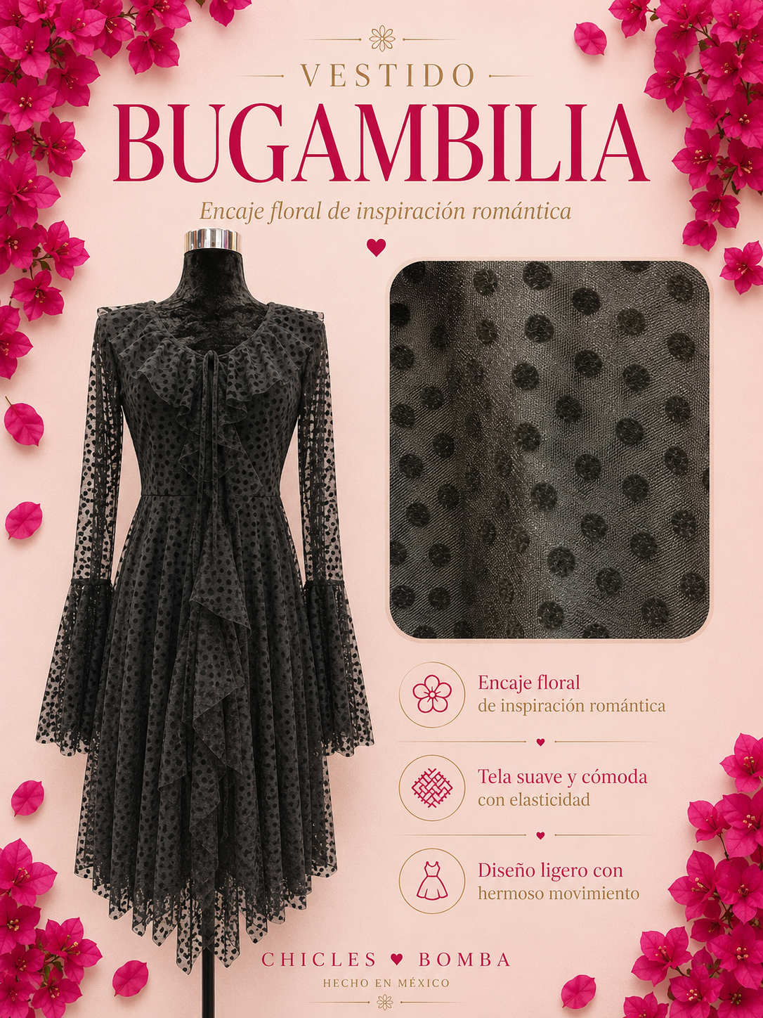 Vestido bugambilia negro puntos