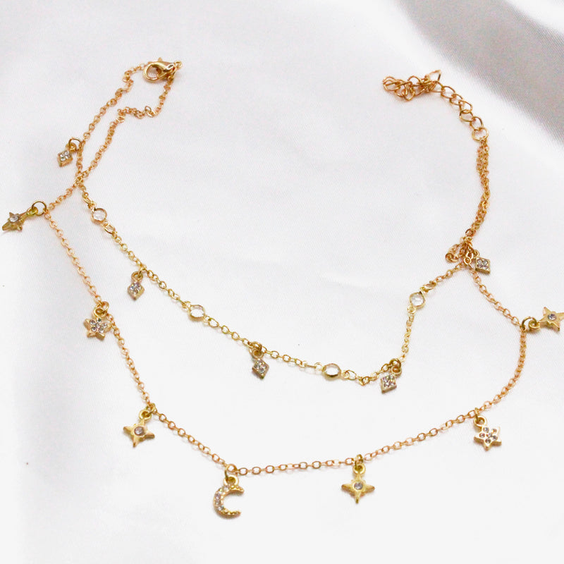 Collar Doble Luna Y Estrellas