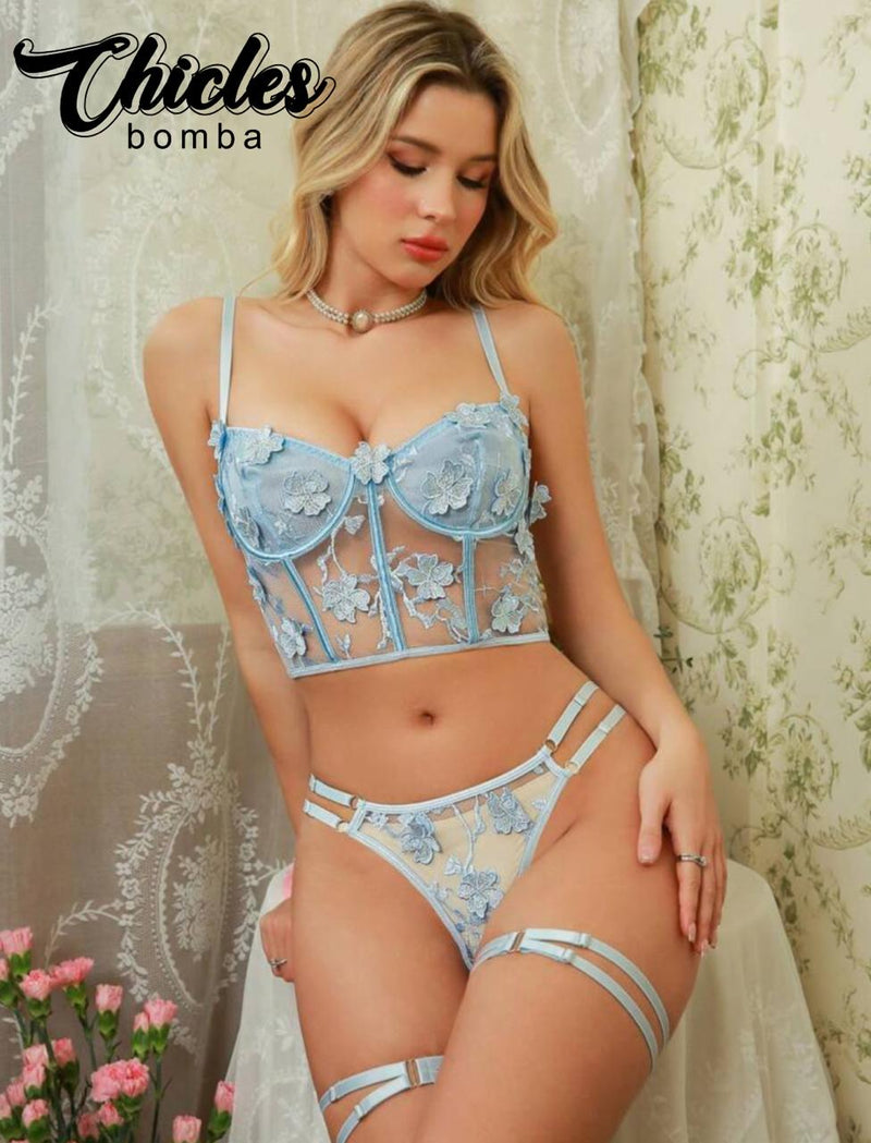 Lencería Transparente Tipo Corset con Flores